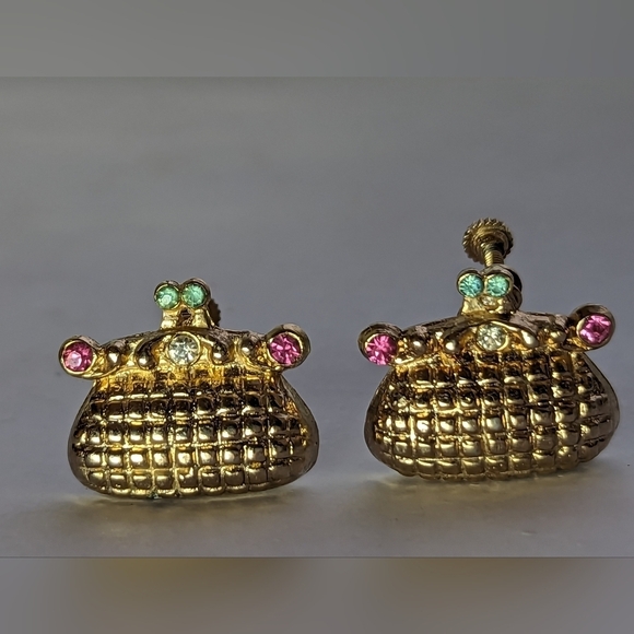🩷 Vintage Screw Back Earrings purse clutch pink gree rhinestone Rare design - Picture 1 of 6